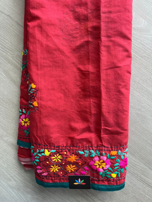 Cherry Red Handcrafted Phulkari Embroidery Chanderi Cotton Silk Saree - 32273