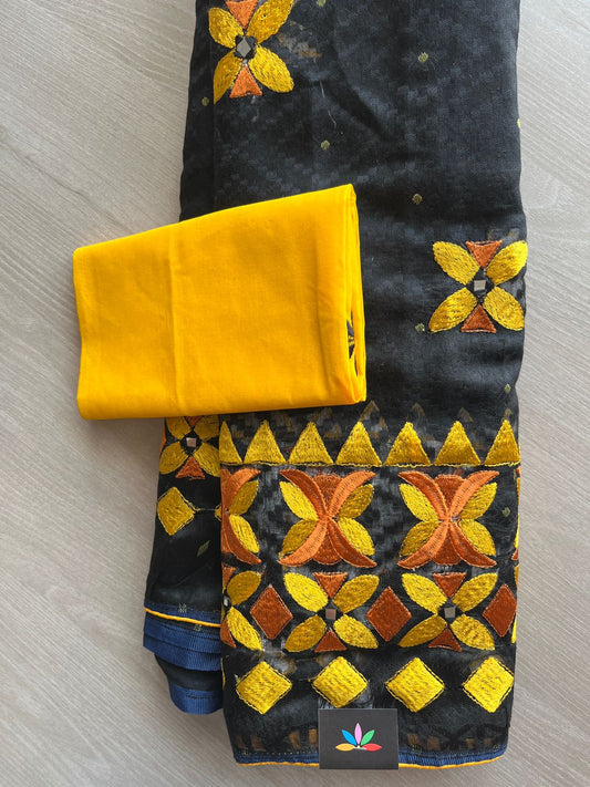 Black Embroidered Jacquard Weave Cotton Saree - 32274