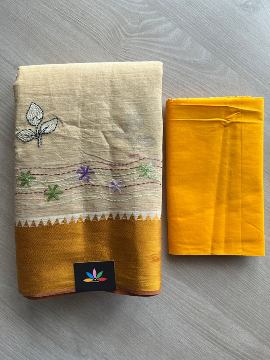 Light Beige Handcrafted Kantha Stitch Cotton Saree - 32275