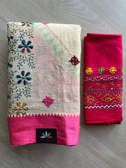 Off-White Handcrafted Kantha Gujarati Stitch Cotton Saree - 32276