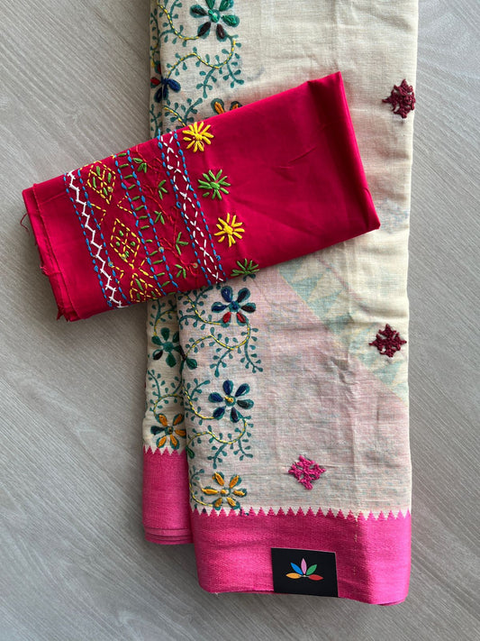 Off-White Handcrafted Kantha Gujarati Stitch Cotton Saree - 32276