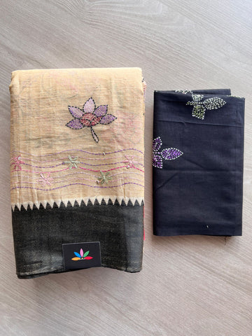 Honey Beige Handcrafted Kantha Stitch Cotton Saree - 32277