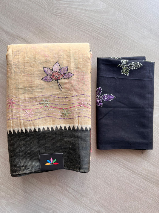 Honey Beige Handcrafted Kantha Stitch Cotton Saree - 32277