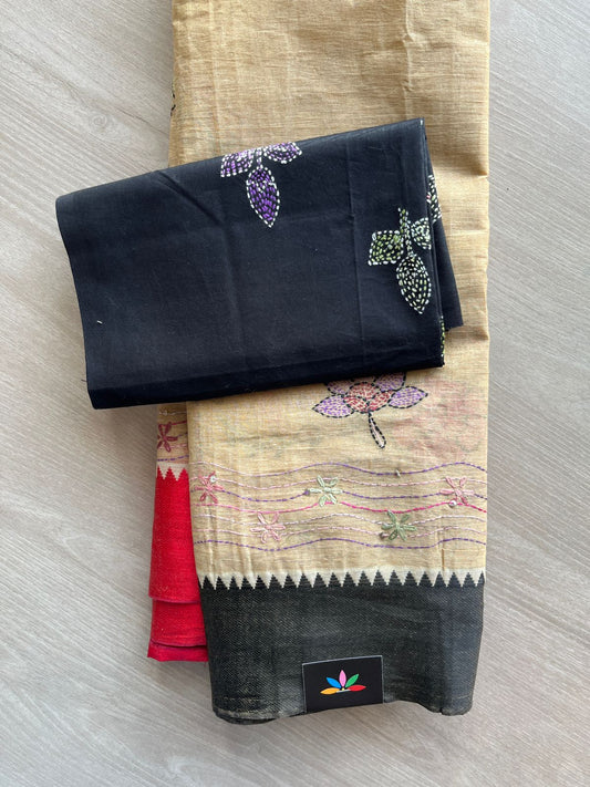 Honey Beige Handcrafted Kantha Stitch Cotton Saree - 32277