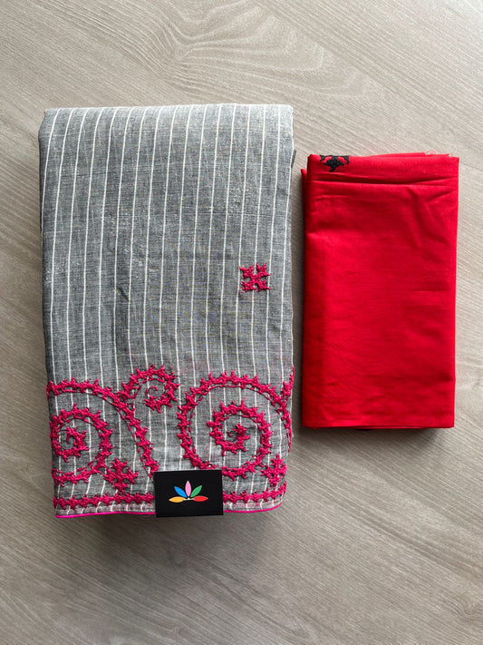 Steel Gray Handcrafted Gujarati Stitch Cotton Saree - 32278