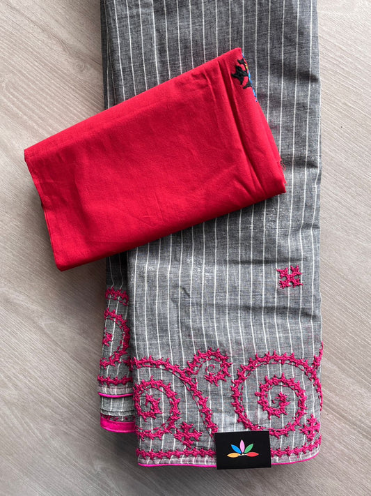 Steel Gray Handcrafted Gujarati Stitch Cotton Saree - 32278