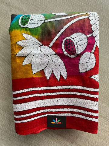 Multi Color Handcrafted Kantha Stitch Pure Bangalore Silk Saree - 32280