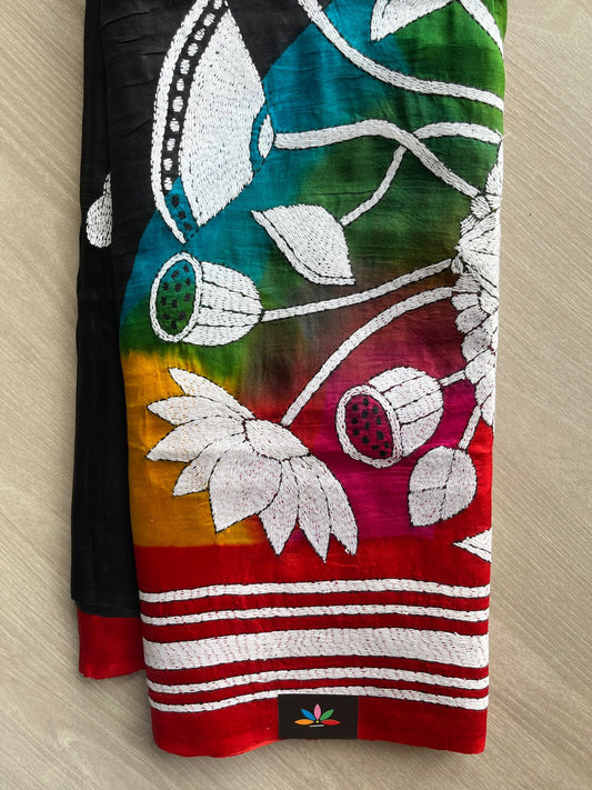 Multi Color Handcrafted Kantha Stitch Pure Bangalore Silk Saree - 32280