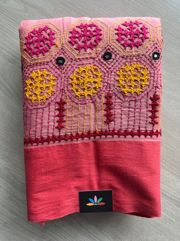 Dusty Pink Handcrafted Kantha Gujarati Stitch Cotton Saree - 32281