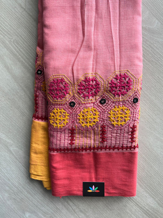 Dusty Pink Handcrafted Kantha Gujarati Stitch Cotton Saree - 32281