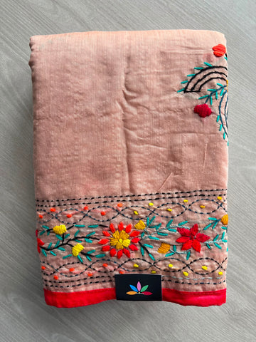 Handcrafted Phulkari Embroidery Chanderi Cotton Silk Saree - 34320