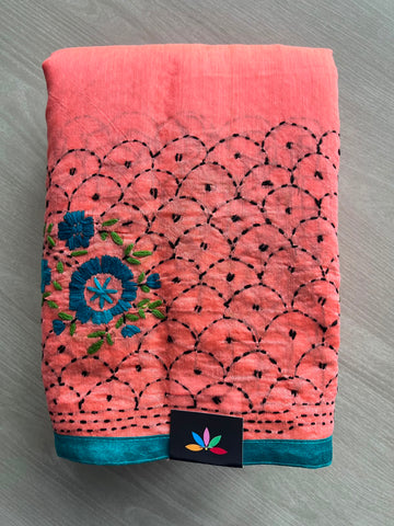 Handcrafted Phulkari Embroidery Chanderi Cotton Silk Saree - 34321