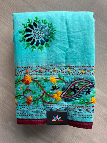Handcrafted Phulkari Embroidery Chanderi Cotton Silk Saree - 34322