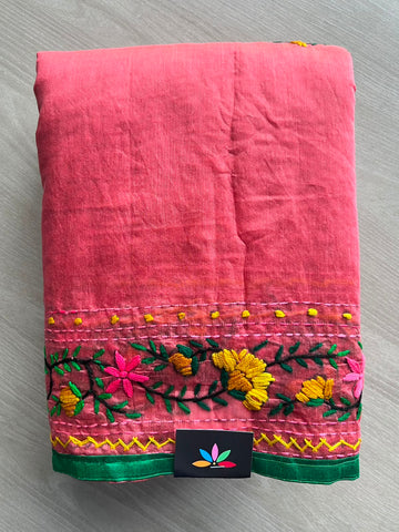 Handcrafted Phulkari Embroidery Chanderi Cotton Silk Saree - 34327