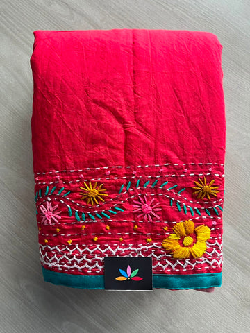 Handcrafted Phulkari Embroidery Chanderi Cotton Silk Saree - 34328