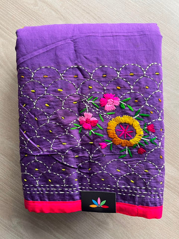 Handcrafted Phulkari Embroidery Chanderi Cotton Silk Saree - 34329