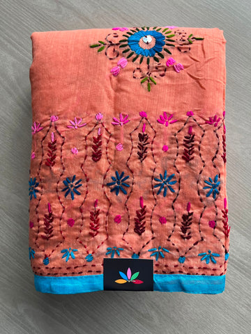 Handcrafted Phulkari Embroidery Chanderi Cotton Silk Saree - 34330