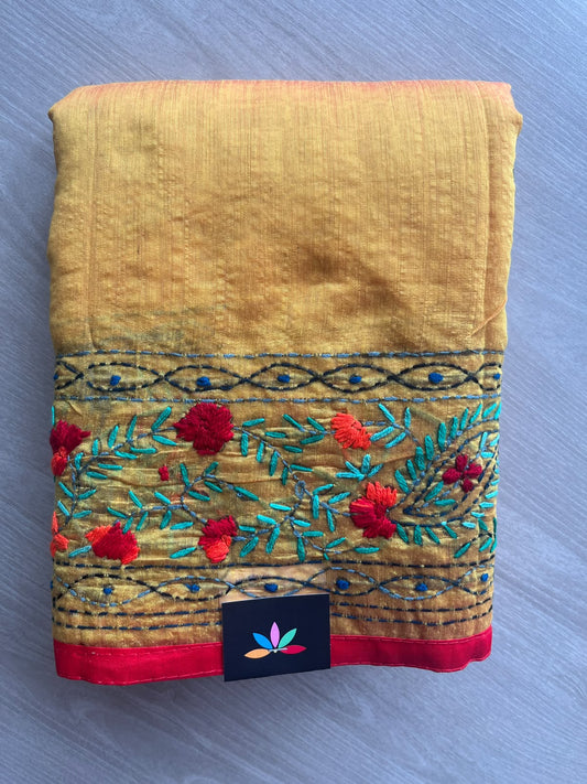 Mustard Yellow Handcrafted Phulkari Embroidery Chanderi Cotton Silk Saree - 36257