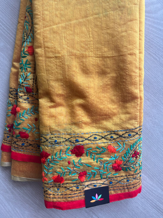 Mustard Yellow Handcrafted Phulkari Embroidery Chanderi Cotton Silk Saree - 36257