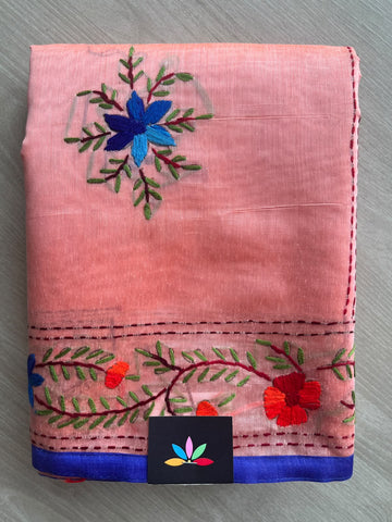 Light Salmon Pink Handcrafted Phulkari Embroidery Chanderi Cotton Silk Saree - 36258