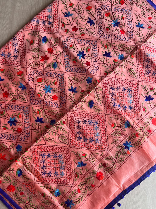 Light Salmon Pink Handcrafted Phulkari Embroidery Chanderi Cotton Silk Saree - 36258