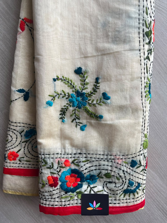 Parchment Cream Handcrafted Phulkari Embroidery Chanderi Cotton Silk Saree - 36259