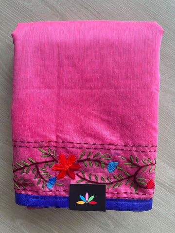 Hot Pink Handcrafted Phulkari Embroidery Chanderi Cotton Silk Saree - 36260