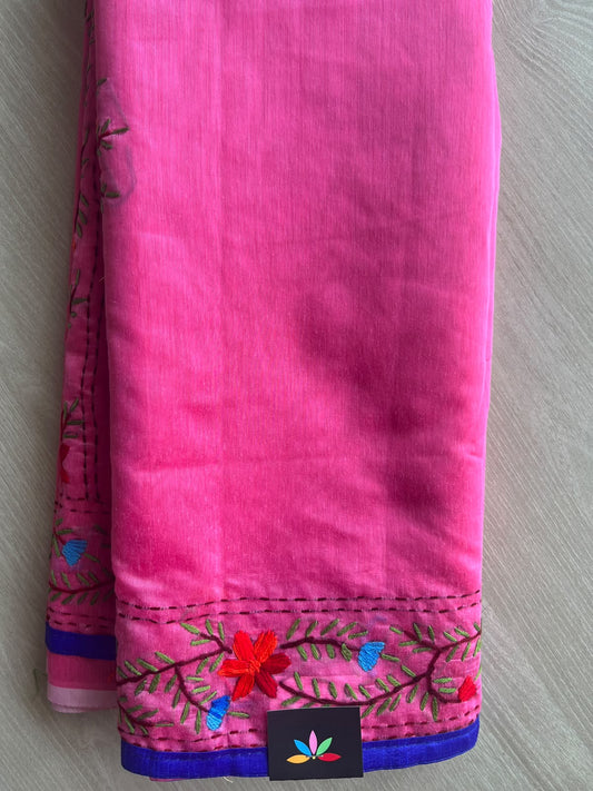 Hot Pink Handcrafted Phulkari Embroidery Chanderi Cotton Silk Saree - 36260