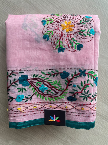 Aesthetic Pink Handcrafted Phulkari Embroidery Chanderi Cotton Silk Saree - 36261