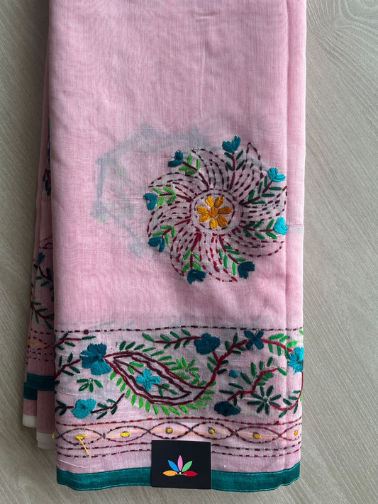 Aesthetic Pink Handcrafted Phulkari Embroidery Chanderi Cotton Silk Saree - 36261