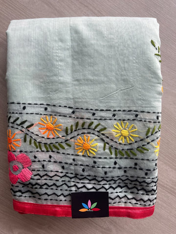 Ice Grey Handcrafted Phulkari Embroidery Chanderi Cotton Silk Saree - 36262