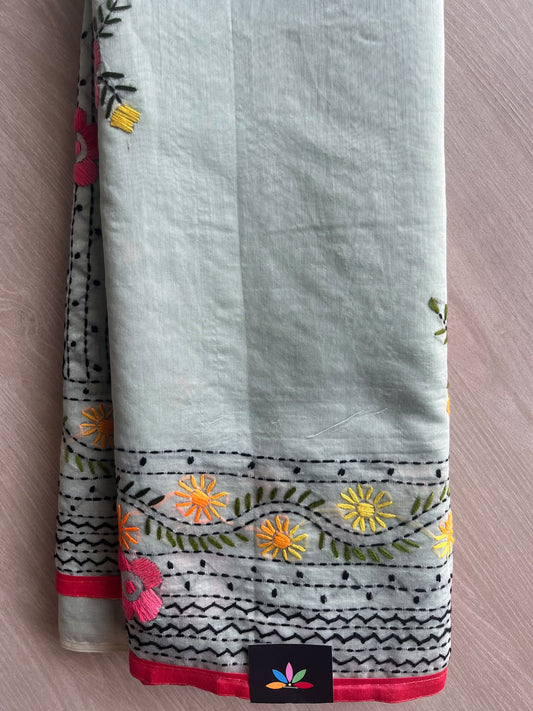 Ice Grey Handcrafted Phulkari Embroidery Chanderi Cotton Silk Saree - 36262