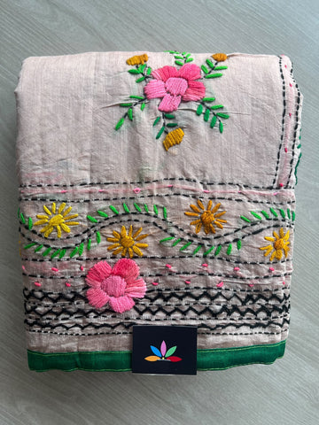 Ice Pink Handcrafted Phulkari Embroidery Chanderi Cotton Silk Saree - 36263
