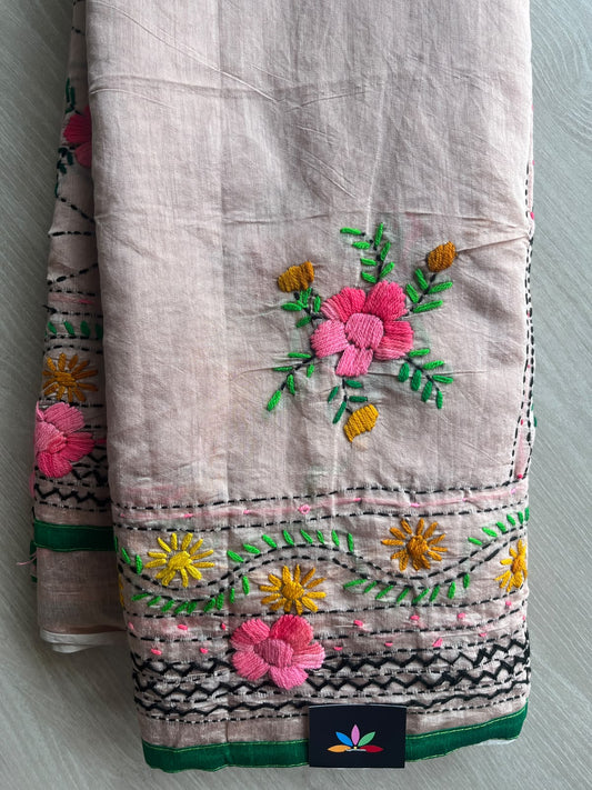 Ice Pink Handcrafted Phulkari Embroidery Chanderi Cotton Silk Saree - 36263