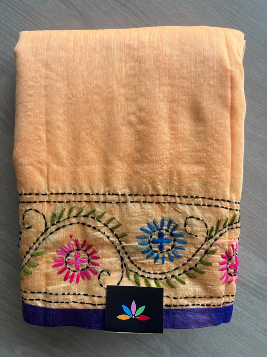 Light Orange Handcrafted Phulkari Embroidery Chanderi Cotton Silk Saree - 36264