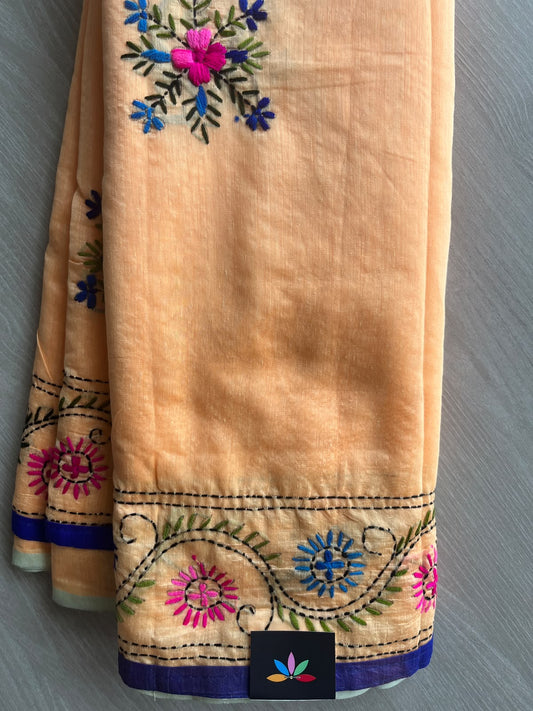 Light Orange Handcrafted Phulkari Embroidery Chanderi Cotton Silk Saree - 36264