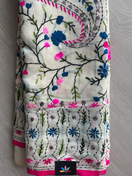 Parchment Cream Handcrafted Phulkari Embroidery Mirror Work Chanderi Cotton Silk Saree - 36268