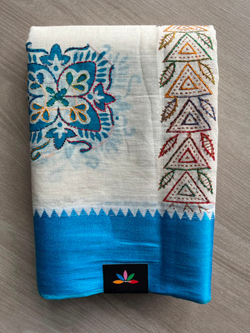 Off White Handcrafted Gujarati Stitch Cotton Saree -30594