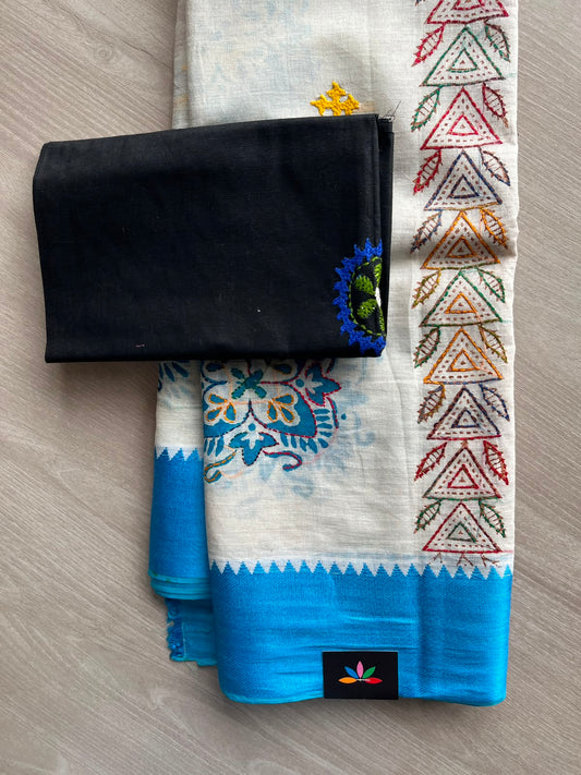Off White Handcrafted Gujarati Stitch Cotton Saree -30594