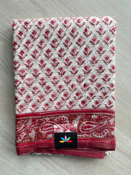 White Handblock Printed Pure Kota Silk Saree -14422