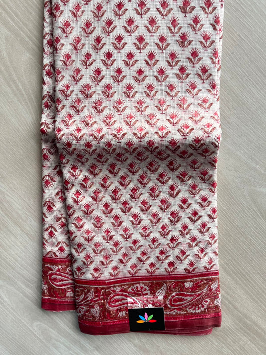 White Handblock Printed Pure Kota Silk Saree -14422