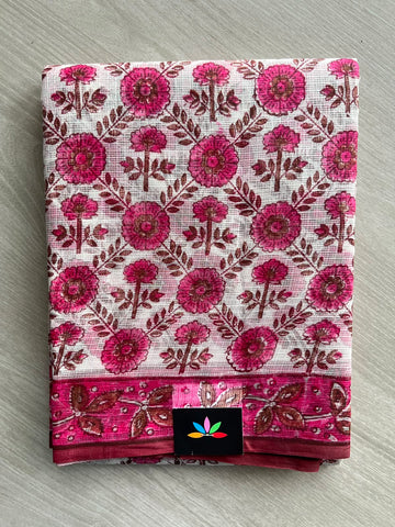 White Handblock Printed Pure Kota Silk Saree -14423