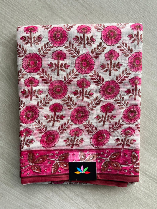 White Handblock Printed Pure Kota Silk Saree -14423