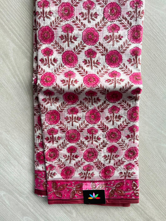 White Handblock Printed Pure Kota Silk Saree -14423