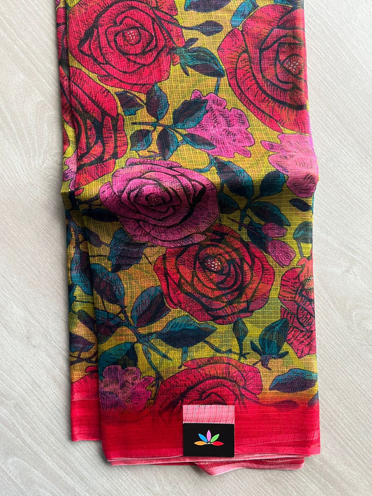 Deep Yellow with Floral Digital Printed Pure Kota Silk Saree -15428