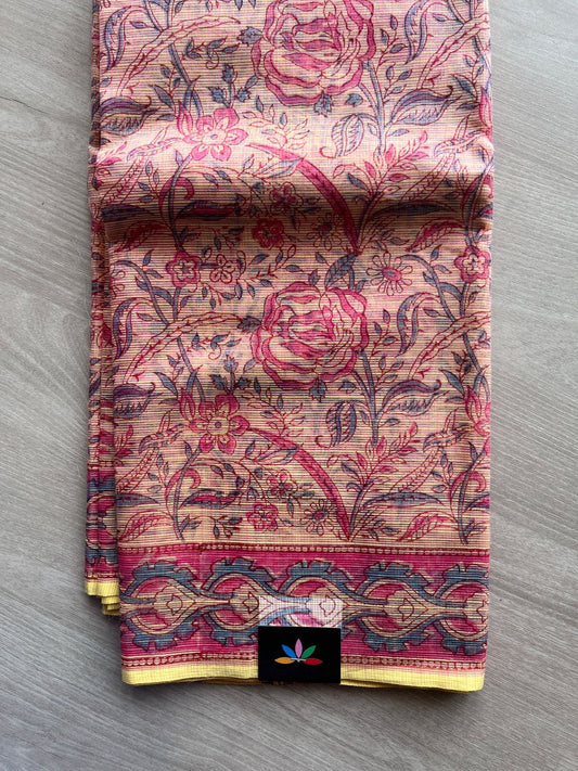 Peach Orange Hand Block Printed Kota Doria Saree -24181