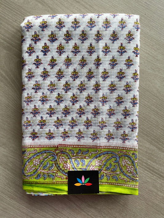 White Hand Block Printed Kota Doria Saree -24191