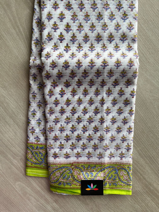 White Hand Block Printed Kota Doria Saree -24191