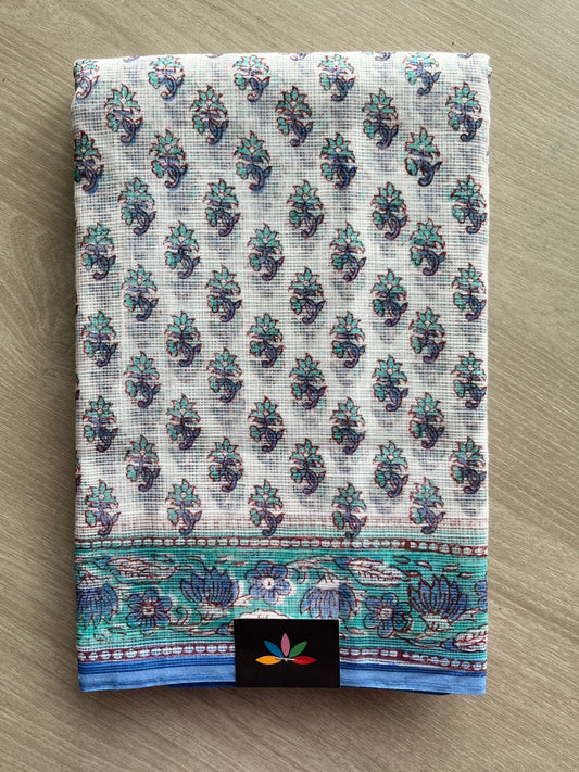 White Hand Block Printed Kota Doria Saree -24192