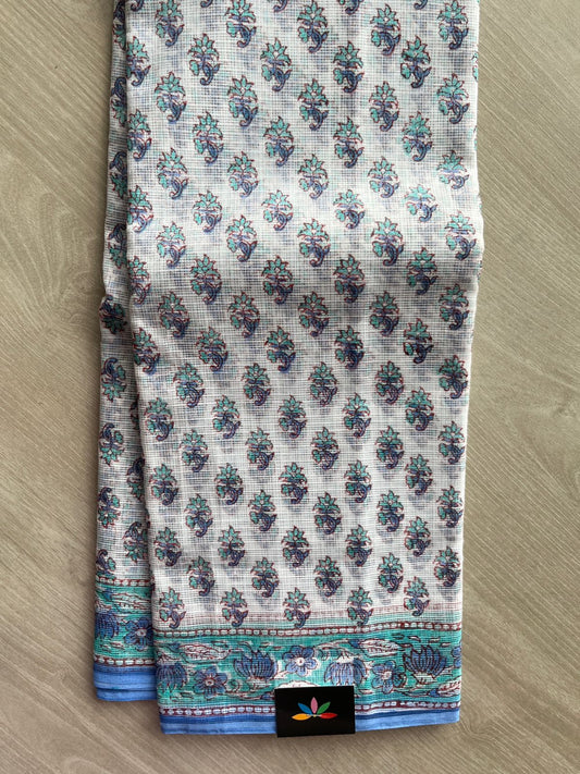 White Hand Block Printed Kota Doria Saree -24192